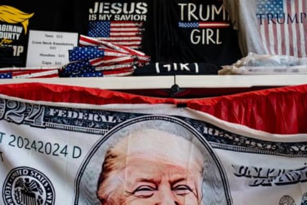 a table full of trump merchandise 